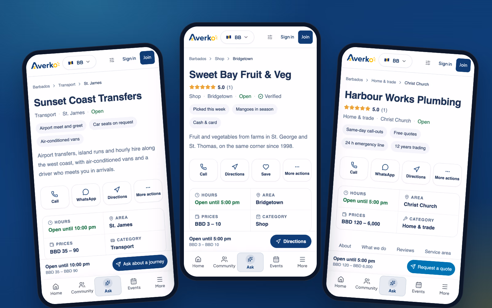 Three businesses' pages on Averko, each on a phone: an airport taxi, a fruit and vegetable stall and a plumber, each with its highlights, buttons to call and get directions, its hours and its prices.